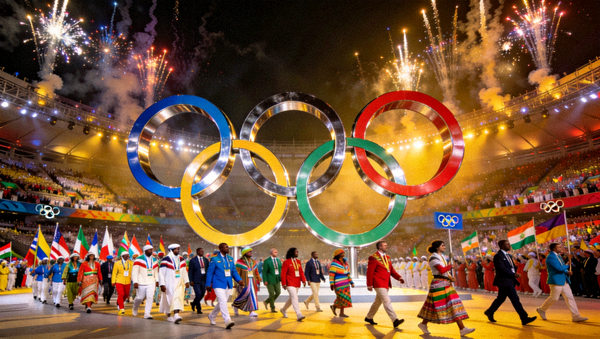 奥运会开幕式盛况，各国运动员入场，奥运五环标志特写