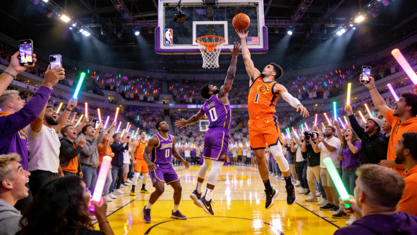 NBA比赛现场，球员在篮下争抢篮板，球迷热情欢呼的场景